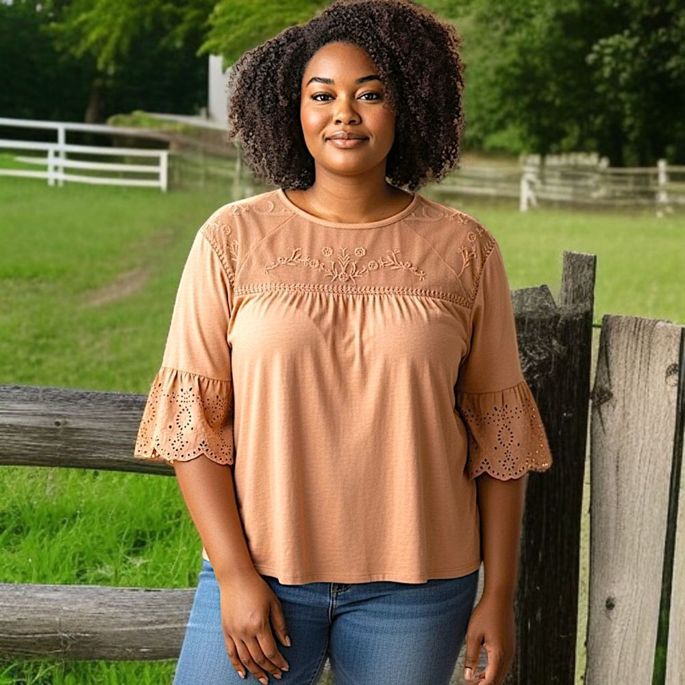 Sonoma Mesh Embroidered Top 3X Eyelet Camel Color Jersey Knit Boho Chic Western. - Picture 12 of 16